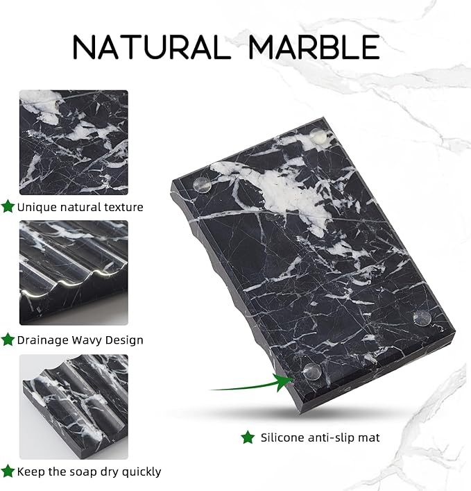 Real Luxurious Natural Marble Soap Dish for Shower,soap Dish for Bathroom,Non-Ceramic/Non-Resin Stone soap Tray（Black）