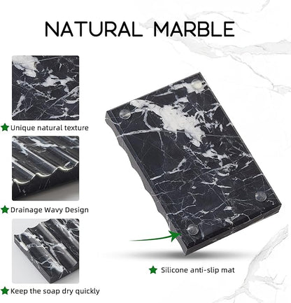 Real Luxurious Natural Marble Soap Dish for Shower,soap Dish for Bathroom,Non-Ceramic/Non-Resin Stone soap Tray（Black）