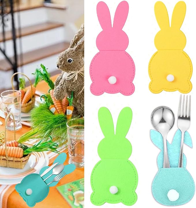 12 Pcs Easter Bunny Felt Cutlery Holder Bag Happy Easter Decorations for Rabbit Tableware Knife Fork Cover Bag Birthday Banquet Party Accessories