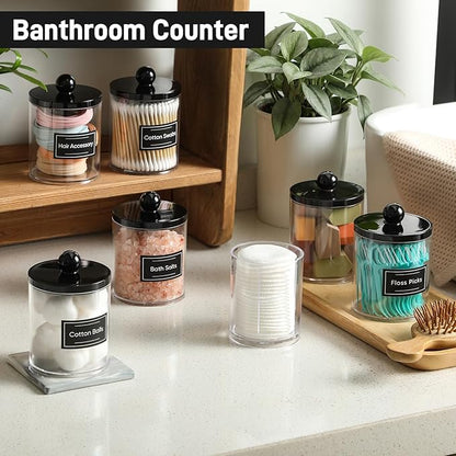 4 Pcs, Acrylic Qtip Holder Dispenser for Cotton Swab, Ball, Round Pads, Floss Picks - Plastic Apothecary Jar Set, Bathroom Canister Decor Storage Accessories, Vanity Makeup Organizer - Clear & Black
