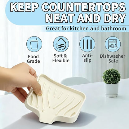 2 Pack Silicone Soap Dish with Drain, Self Draining Bar Soap Holder for Shower, Silicone Dish Soap Tray, Bathroom and Kitchen Sink Organizer, Beige