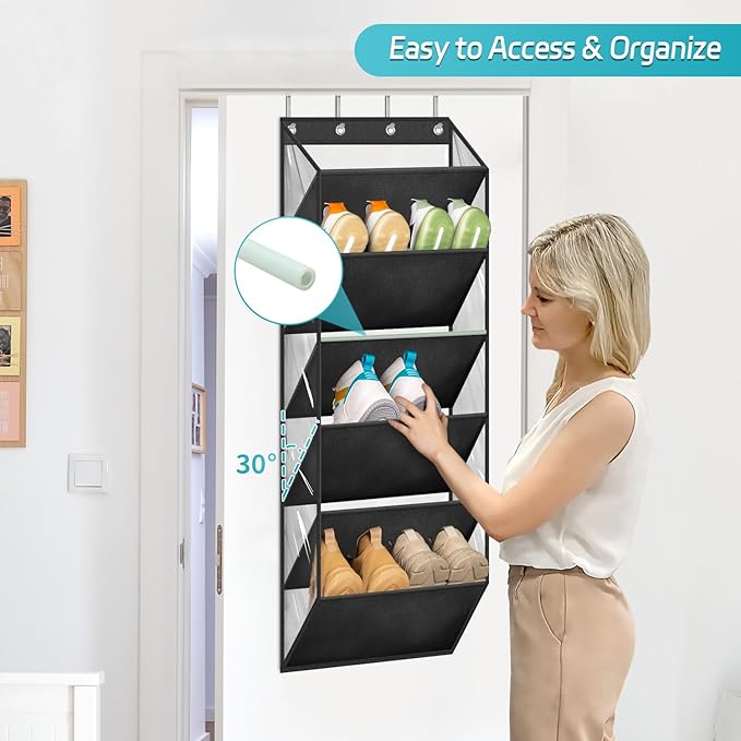 AOODA Clear Over The Door Shoe Organizer Storage Holds 12 Pairs, Narrow Door Hanging Shoe Rack for Closet, Deep Pockets Shoe Holder Hanger for Sneakers, Boots (Black)