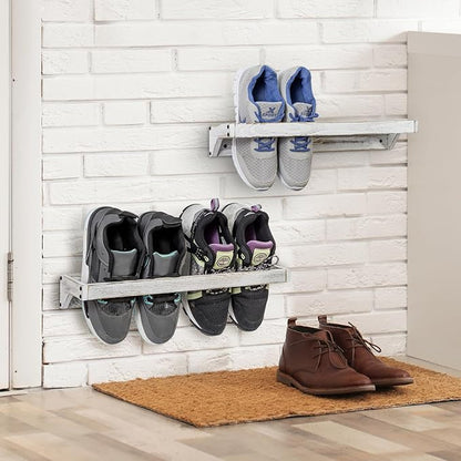 MyGift Set of 4 Shabby White Washed Solid Wood Hanging Shoe Storage Organizer Racks, Wall Mounted Space Saving Footwear Holder for Closet, Mudroom, Entryway, Holds 8 Pairs