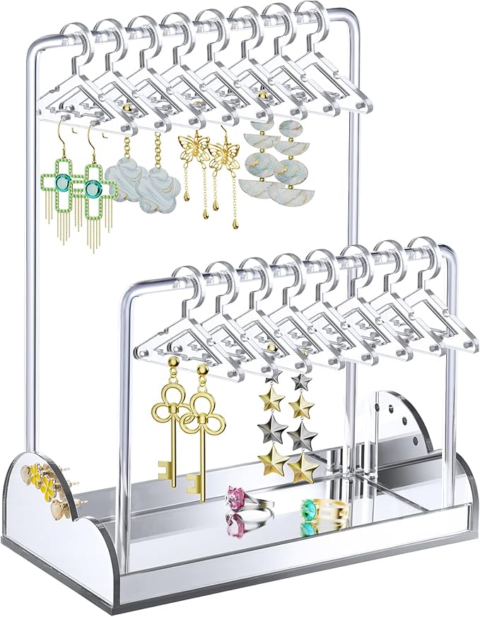 NiHome Acrylic Earring Holder with Unique Double-Tiered Design, Cute Miniature Clothing Hangers with Spacious Storage for 48 Pairs, Display for Home Vanity & Retail Showrooms (Silver, With Tray)