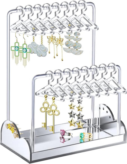 NiHome Acrylic Earring Holder with Unique Double-Tiered Design, Cute Miniature Clothing Hangers with Spacious Storage for 48 Pairs, Display for Home Vanity & Retail Showrooms (Silver, With Tray)