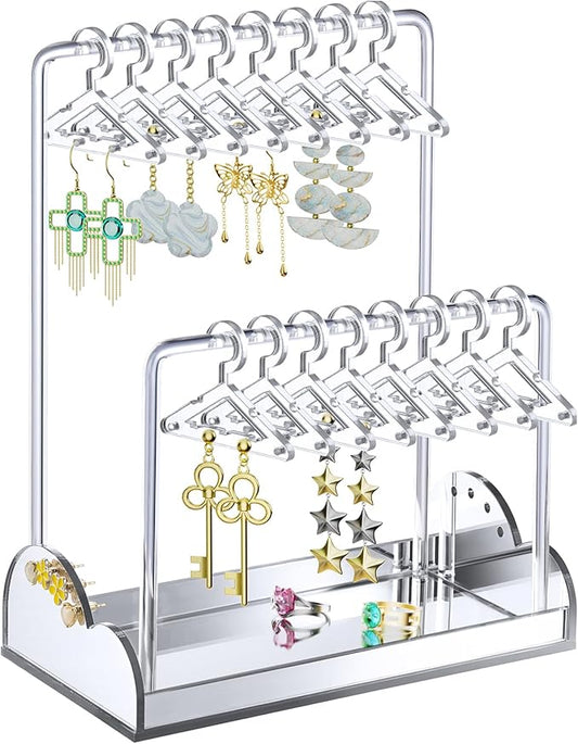 NiHome Acrylic Earring Holder with Unique Double-Tiered Design, Cute Miniature Clothing Hangers with Spacious Storage for 48 Pairs, Display for Home Vanity & Retail Showrooms (Silver, With Tray)