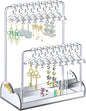 NiHome Acrylic Earring Holder with Unique Double-Tiered Design, Cute Miniature Clothing Hangers with Spacious Storage for 48 Pairs, Display for Home Vanity & Retail Showrooms (Silver, With Tray)