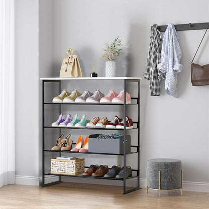 Garden 4 you Shoe Rack for Entryway 5 Tiers 11.8" D x 29" W x 36.5" H, Metal Shoe Rocks with White Wooden Tabletop, Angled Shoes Rack with Adjustable Mesh Shelves for Entryway Hallway Closet
