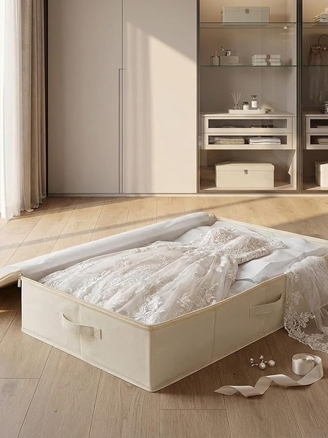 punemi Underbed Wedding Dress Storage Box, Wedding Dress Preservation Keepsake Trunk with Sturdy Zipper and Handles, Large Clothes Storage for Blankets, Pillows, Comforters & Quilts, Beige