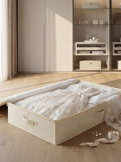 punemi Underbed Wedding Dress Storage Box, Wedding Dress Preservation Keepsake Trunk with Sturdy Zipper and Handles, Large Clothes Storage for Blankets, Pillows, Comforters & Quilts, Beige