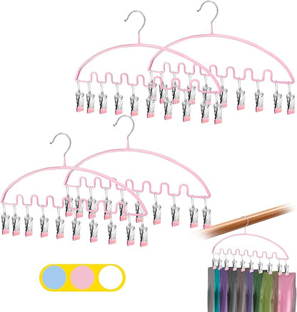 Legging Organizer for Closet,Metal Wave Design Pants Hanger with 10 Clips 7 Hooks, Closet Storage for Pants, Skirts, Hats (Pink, 4Pack)
