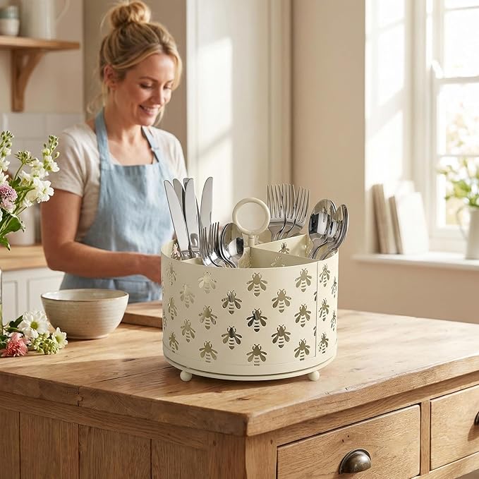 NelyBet 360°Rotating Utensil Caddy Countertop - Bee Silverware Caddy Holder with 4 Compartment - Mesh Cutlery Caddy Holder with Handle for Party Kitchen Counter Office Cream White