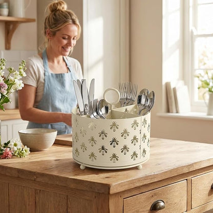 NelyBet 360°Rotating Utensil Caddy Countertop - Bee Silverware Caddy Holder with 4 Compartment - Mesh Cutlery Caddy Holder with Handle for Party Kitchen Counter Office Cream White