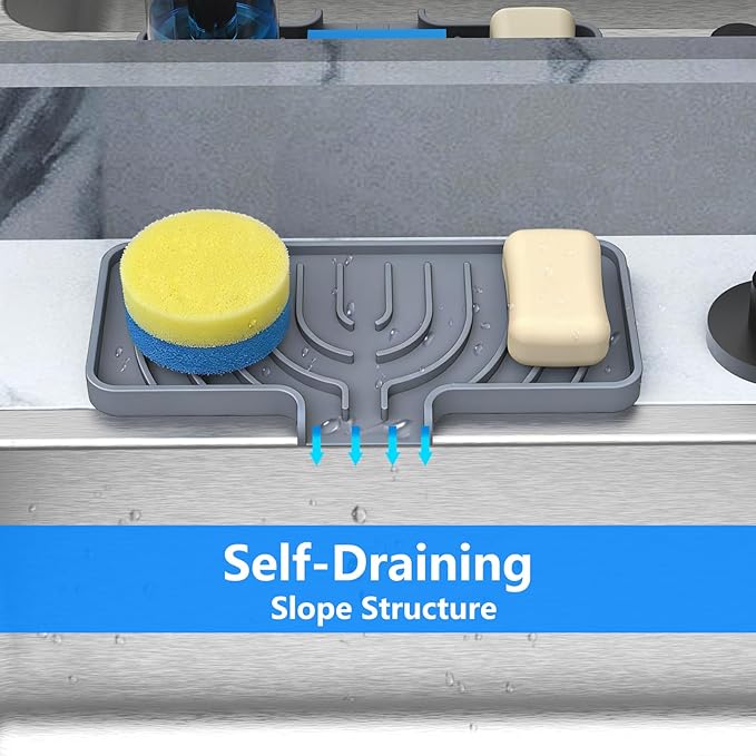 Sponge Holder for Kitchen Sink, Dish Sponge Holder & Soap Tray with Drain, Bathroom Sink Sponge Drying Rack & Perfect Organizer for Dispenser,Bottle,Cup on Sinks or Counter(10"x 4"Gray)