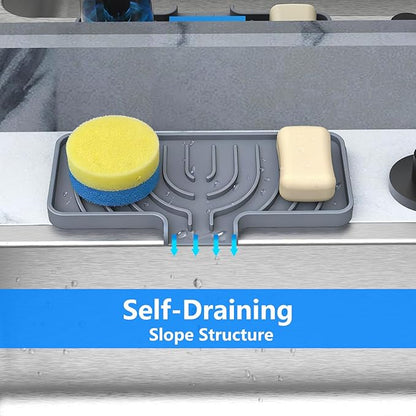 Sponge Holder for Kitchen Sink, Dish Sponge Holder & Soap Tray with Drain, Bathroom Sink Sponge Drying Rack & Perfect Organizer for Dispenser,Bottle,Cup on Sinks or Counter(10"x 4"Gray)