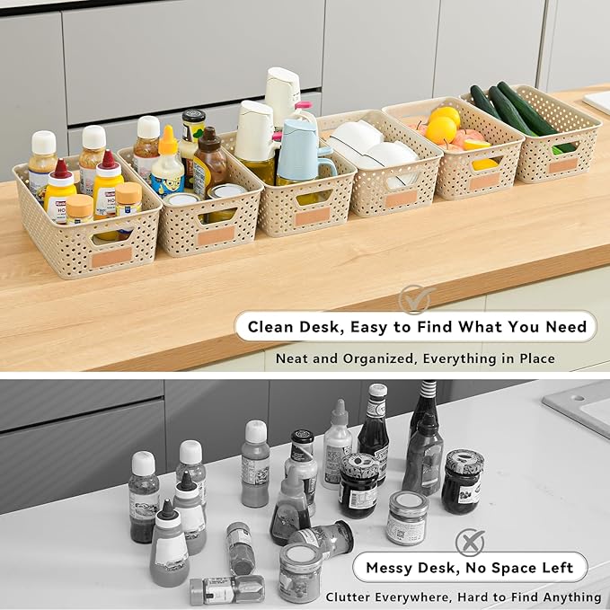 12 Pack Plastic Storage Baskets for Organizing, Storage Baskets for Shelves with Handles, Small Storage Bins with Labels, Organizer Baskets for Cabinet,Closet, Office,Natural