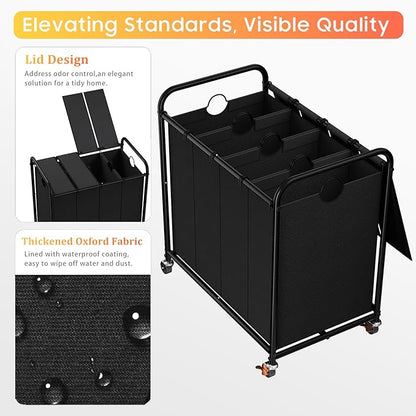 Laundry Sorter 4 Sections 48 Gal, Rolling Laundry Basket with Lockable Wheels and Lid, Laundry Hamper with 4 Separated Removable Bags Dirty Clothes Hamper for Laundry Room Organizer, Black