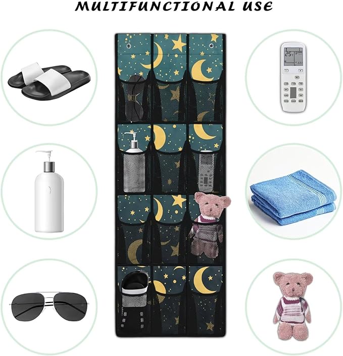 Extra Large 12-Pocket Storage Hanging Bag for Behind The Door, Heavy Duty Oxford Fabric, Waterproof Lightweight and Space-Saving Organizer for Home Use, Moon and Stars