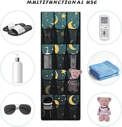 Extra Large 12-Pocket Storage Hanging Bag for Behind The Door, Heavy Duty Oxford Fabric, Waterproof Lightweight and Space-Saving Organizer for Home Use, Moon and Stars