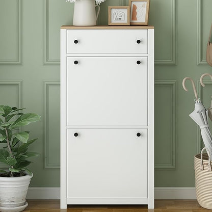 Modern Shoe Cabinet with 2 Flip Doors and 1 Storage Drawer Free-Standing Wooden Shoe Rack Shoe Storage Organizer for Entryway Hallway Small Space(White&Natural)