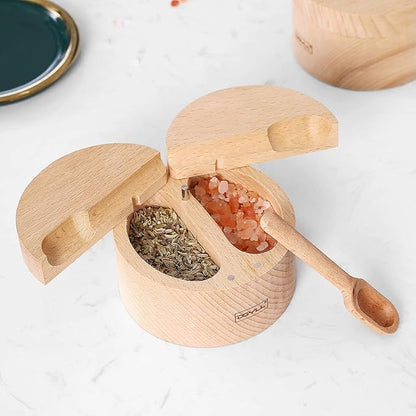 Wooden Divided Salt Cellar With Lid And Spoon,Salt Box With 2 Compartment,Salt container with Magnetic Swivel lid, Beech Wood