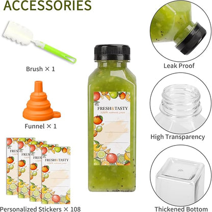 TOMNK 100pcs Juice Bottles, 12oz Plastic Bottles with Caps, Reusable Juice Bottle with Caps Clear Bulk Beverage Containers with Lids, Label, Funnel and Brush for Juicing, Milk, Smoothie and Beverages