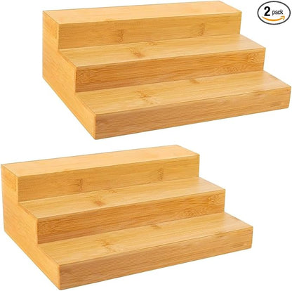 Bamboo Spice Rack for Cabinet, 3 Tier Spice Riser Shelf, 2 Pack Spices Stand for Pantry