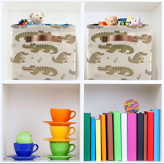 Large Storage Basket Alligator Pattern Storage Bin Cube Canvas Fabric Organizer Handles Collapsible for Clothes Toys Bedroom Decorative