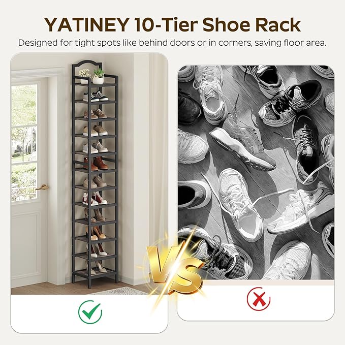 YATINEY 12-Tier Tall Shoe Rack, Vertical Shoe Organizer for Small Spaces, Wooden Shoe Shelf for Entryway, Space Saving Shoe Storage, Holds 12 Pairs of Shoes, Charcoal Gray and Black SS52BC
