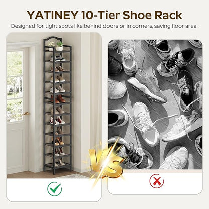 YATINEY 12-Tier Tall Shoe Rack, Vertical Shoe Organizer for Small Spaces, Wooden Shoe Shelf for Entryway, Space Saving Shoe Storage, Holds 12 Pairs of Shoes, Charcoal Gray and Black SS52BC