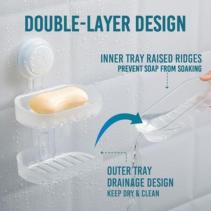 TAILI Soap Holder Soap Dish for Shower, Suction Cup Soap Holder for Shower Wall, Bathroom Accessories, Removable Strong Hold Soap Saver, Drill Free, Clear 2 Layer