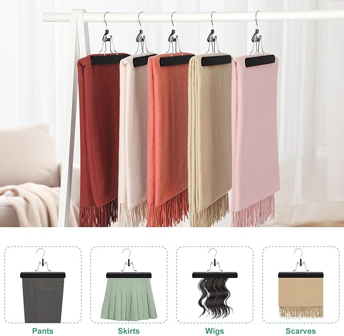 TOPIA HANGER 12 Pack Wooden Pants Hangers, Hair Extension Hangers Non Slip Skirt Hanger Wood Clamp with Velvet Padded 360° Swivel Hook for Jeans, Skirts, Trousers, Wigs CT67B