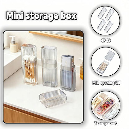 Clear Mini Storage Boxes with Mid Opening Lid, Transparent Travel Cotton Swab Organizer for Cosmetics, Hair Ties, Dental Floss, 4.1 x 1.3 x 0.8 Inches, 4 Pack