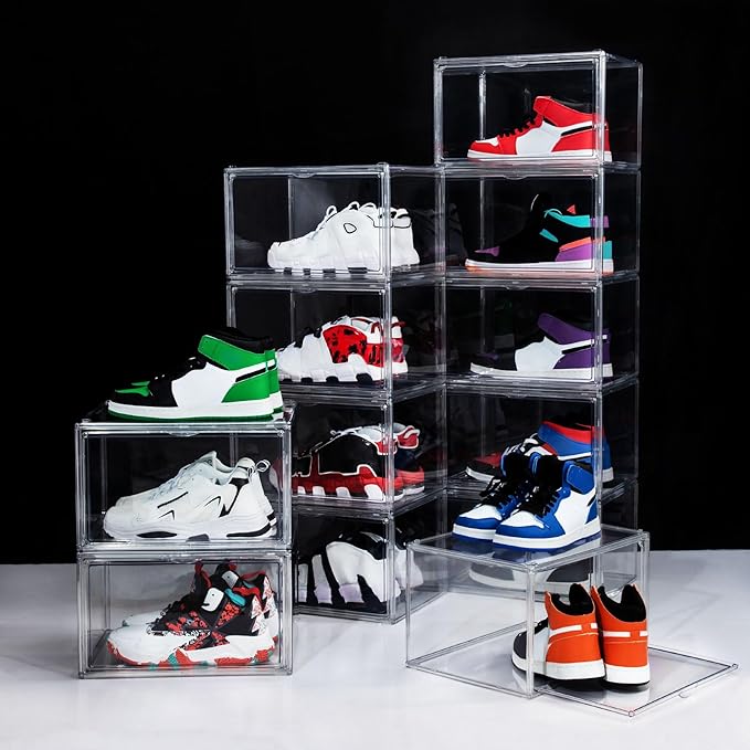 12 Pack Shoe Boxes, Clear Acrylic Stackable Plastic Sneaker Box Container, Magnetic Drop & Side Open Shoe Organizer Case Container With Lids Fits Up to Size 14 (Clear)