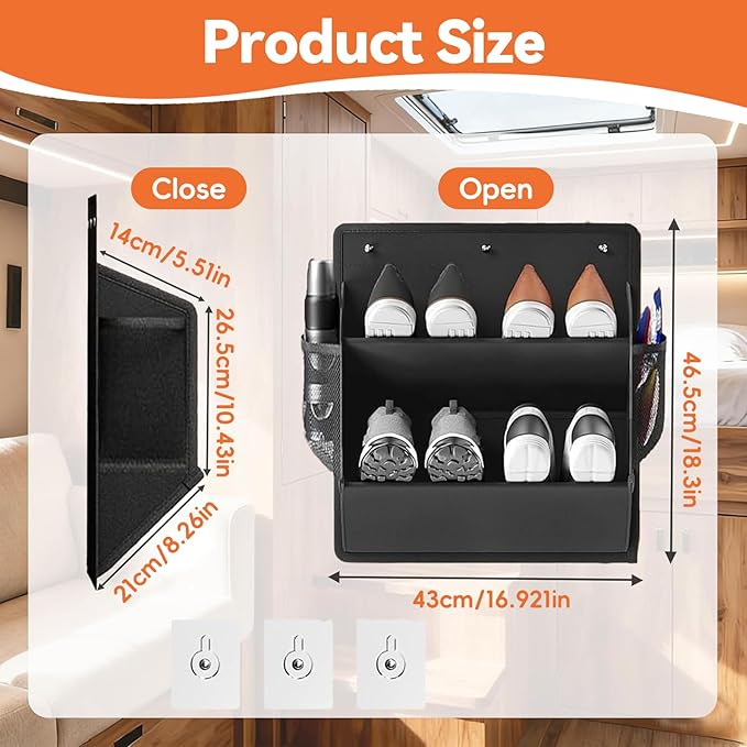 2 Pack RV Shoe Storage Organizer, Over the Door/Wall Hanging Shoe Rack with Sticky Adhesive, Large Deep Pockets for Narrow Space, Closet Camper Storage Black
