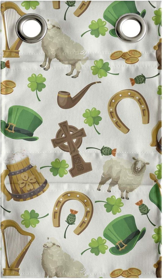Ambesonne Clover Hanging Pocket Organizer, Irish Culture Themed Pattern Beer Horse Shoe Coin Pot Leprechaun Hat, Printed Polyester Storage Bag with Pockets, 9" x 16", Ivory Multicolor