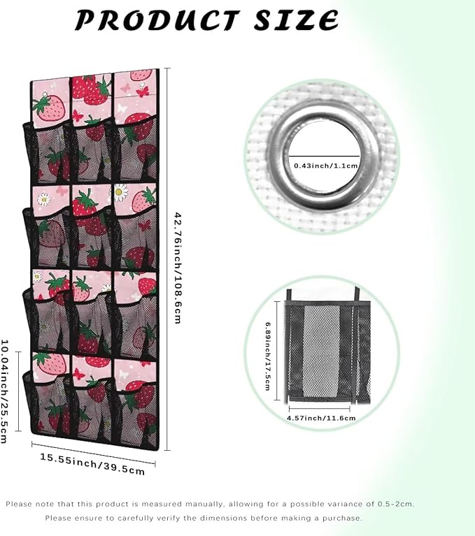 Large Capacity 12-Pocket Behind The Door Hanging Organizer, Oxford Fabric Waterproof Foldable Storage Bag for Bathroom Bedroom Pantry, Cute Strawberry Floret
