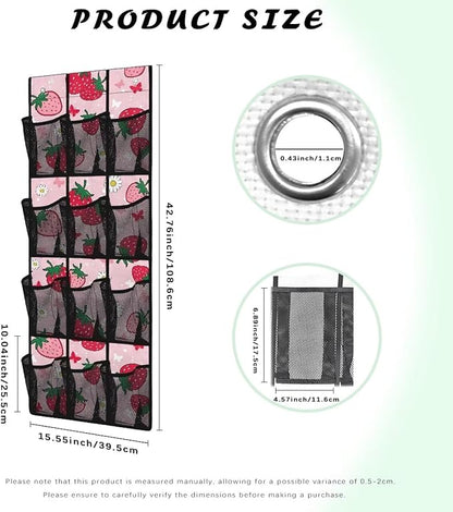 Large Capacity 12-Pocket Behind The Door Hanging Organizer, Oxford Fabric Waterproof Foldable Storage Bag for Bathroom Bedroom Pantry, Cute Strawberry Floret