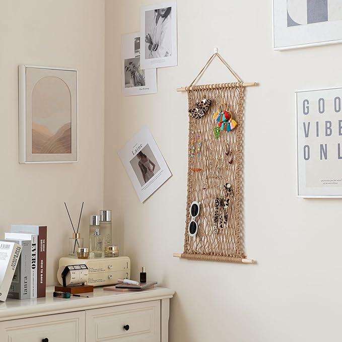 Pretty Jolly Hanging Jewelry Mesh Organizer Macrame Wall Mounted Necklaces Storage Earring Display Rack Girls Hair Clips Hanger with 20 Pieces S Shape Hooks for Bracelets,Necklace and Rings(Twine)