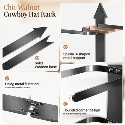 Cowboy Hat Rack for Wall, Cowboy Hat Holder Wall Mount Holds up to 4 Hats, Wooden Western Rustic Metal Hat Hanger with Arrow Sign Board, Hat Organizer for Cowboyhat, Fedora,Sun Hats 2 Pack