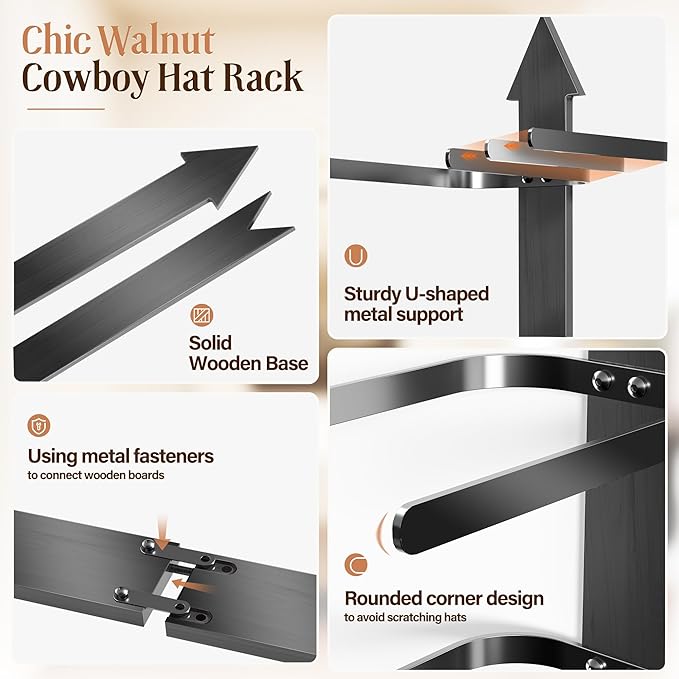 Cowboy Hat Rack for Wall, Cowboy Hat Holder Wall Mount Holds up to 4 Hats, Wooden Western Rustic Metal Hat Hanger with Arrow Sign Board, Hat Organizer for Western Hat, Fedora, Sun Hats