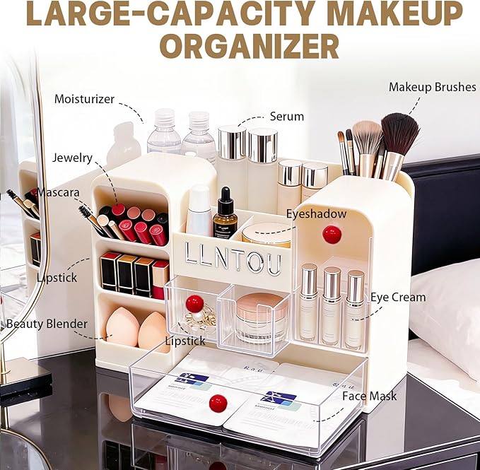 Makeup Organizer for Vanity with Brush Holder, Large Cosmetic & Skincare Organizer Countertop with Muti-Drawers, Cosmetic Display Case for Lipsticks, Nail Polishes, Perfumes, Eyeshadow (cream)