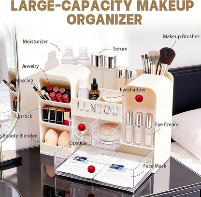 Makeup Organizer for Vanity with Brush Holder, Large Cosmetic & Skincare Organizer Countertop with Muti-Drawers, Cosmetic Display Case for Lipsticks, Nail Polishes, Perfumes, Eyeshadow (cream)