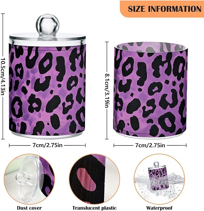 ALAZA 2 Pack Qtip Holder Dispenser for Cotton Ball Leopard Purple Print Pattern Cotton Swab Round Pads Clear Plastic Acrylic Jar Set Bathroom Canister