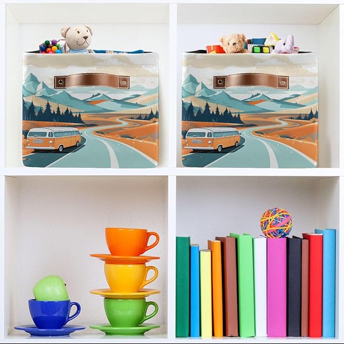 Storage Basket Vintage Camper Van Durable Canvas Collapsible Toy Box Organizer Bin with Handles for Shelf Closet Bedroom Home Office