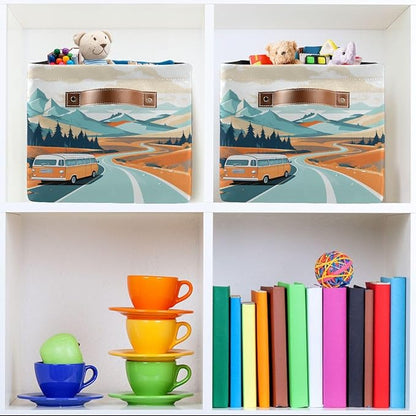 Storage Basket Vintage Camper Van Durable Canvas Collapsible Toy Box Organizer Bin with Handles for Shelf Closet Bedroom Home Office