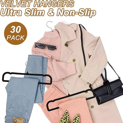 Pants Hangers Space Saving, 30 Pack Velvet Hangers for Closet with 30 Hooks, Strong Durable Non Slip Slim Clothes Hanger, Ultra Soft Flocked Hanger for Pants, Shirts, Bra, Shorts (Black)