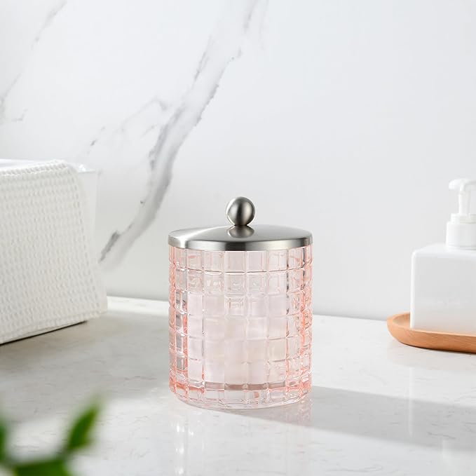 Blush Colored Tranlucent Apothecary Etched Geometric Grid Glass Jar W/ Nickel Metal Lid Cover for Bathroom Organization, Cotton Balls, Q Tips, and Small Accessories, Bathroom Storage