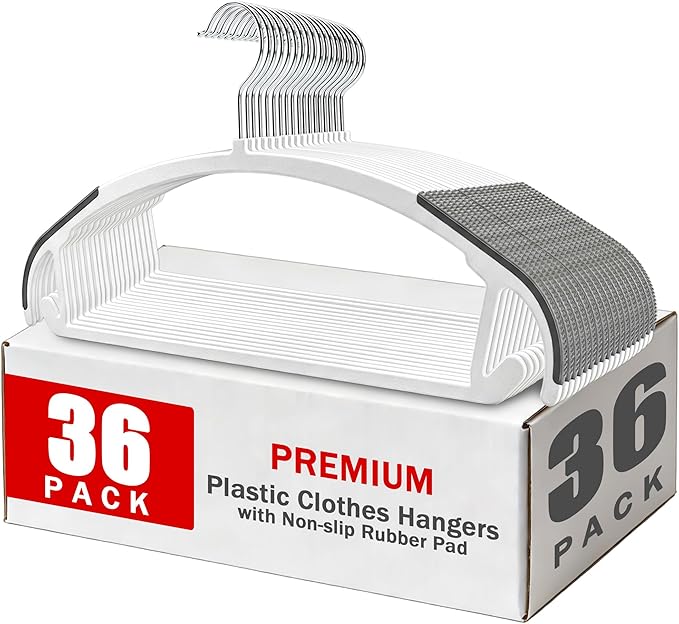 36-Pack Non Slip Plastic Clothes Hangers/w Rubber Pad, Coat Hangers 360° Swivel Hook, Heavy Sturdy Space-Saving Organizers, Hangers for Coats, Pants, Suits, Shirts (White)
