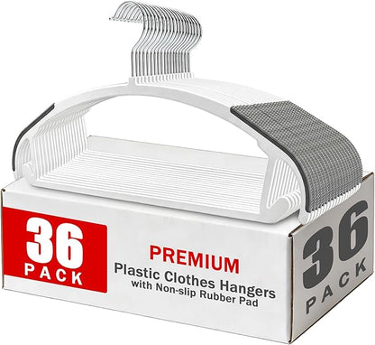 36-Pack Non Slip Plastic Clothes Hangers/w Rubber Pad, Coat Hangers 360° Swivel Hook, Heavy Sturdy Space-Saving Organizers, Hangers for Coats, Pants, Suits, Shirts (White)